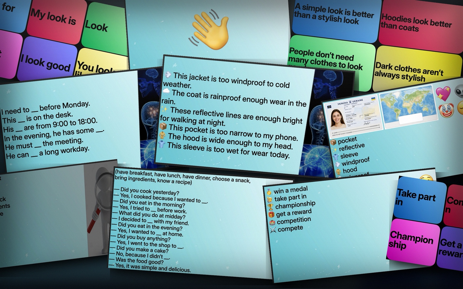 Collage of English lesson slides